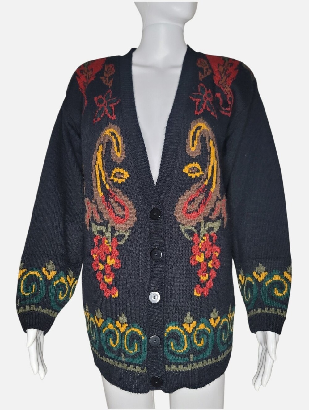 Vintage 90's Black Floral Pattern Button-Up Women's Cardigan Sweater